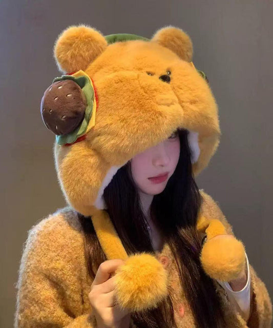 Gorro boonie de invierno amarillo bonito, grueso, cálido y peludo.