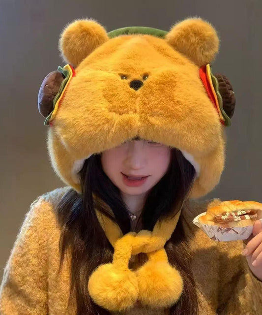 Gorro boonie de invierno amarillo bonito, grueso, cálido y peludo.