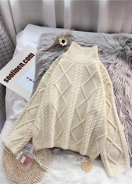 Winter beige crane tops high neck thick oversize knit sweat tops - SooLinen