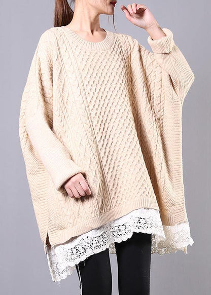 Winter beige knit top silhouette o neck Batwing Sleeve plus size clothing knitwear - SooLinen