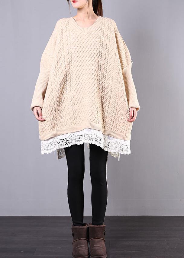 Winter beige knit top silhouette o neck Batwing Sleeve plus size clothing knitwear - SooLinen