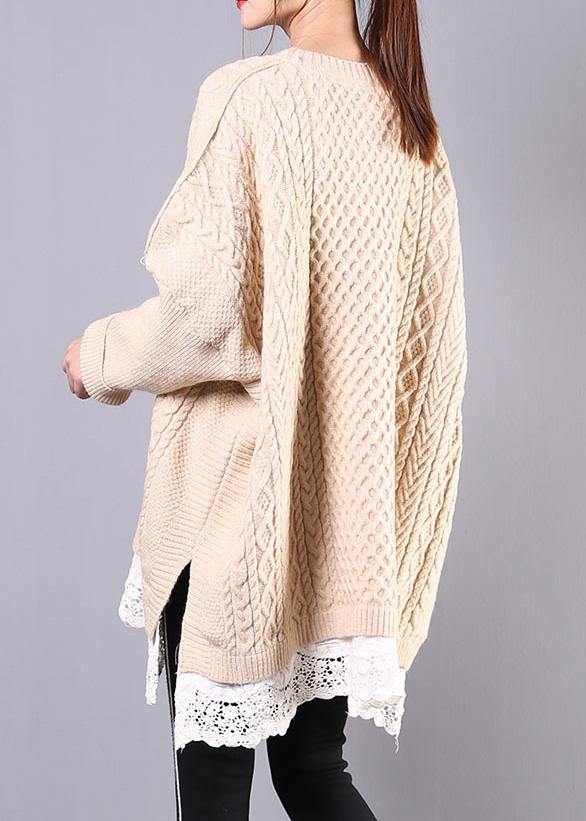 Winter beige knit top silhouette o neck Batwing Sleeve plus size clothing knitwear - SooLinen