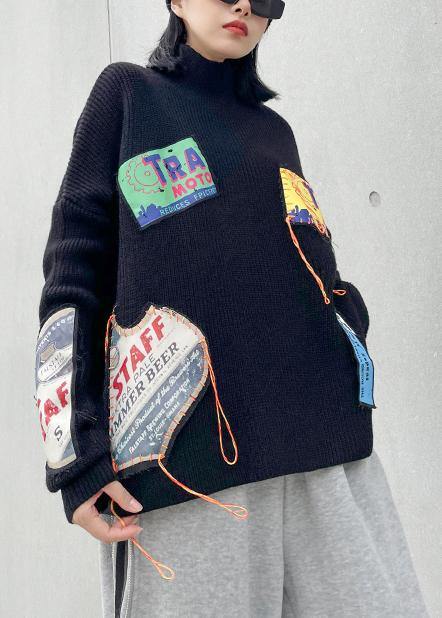 Winter black clothes high neck patchwork sweaters - SooLinen