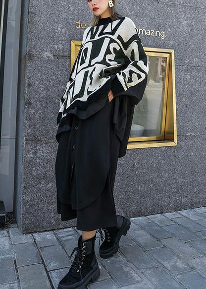 Winter black knitted t shirt casual o neck patchwork knit sweat tops - SooLinen