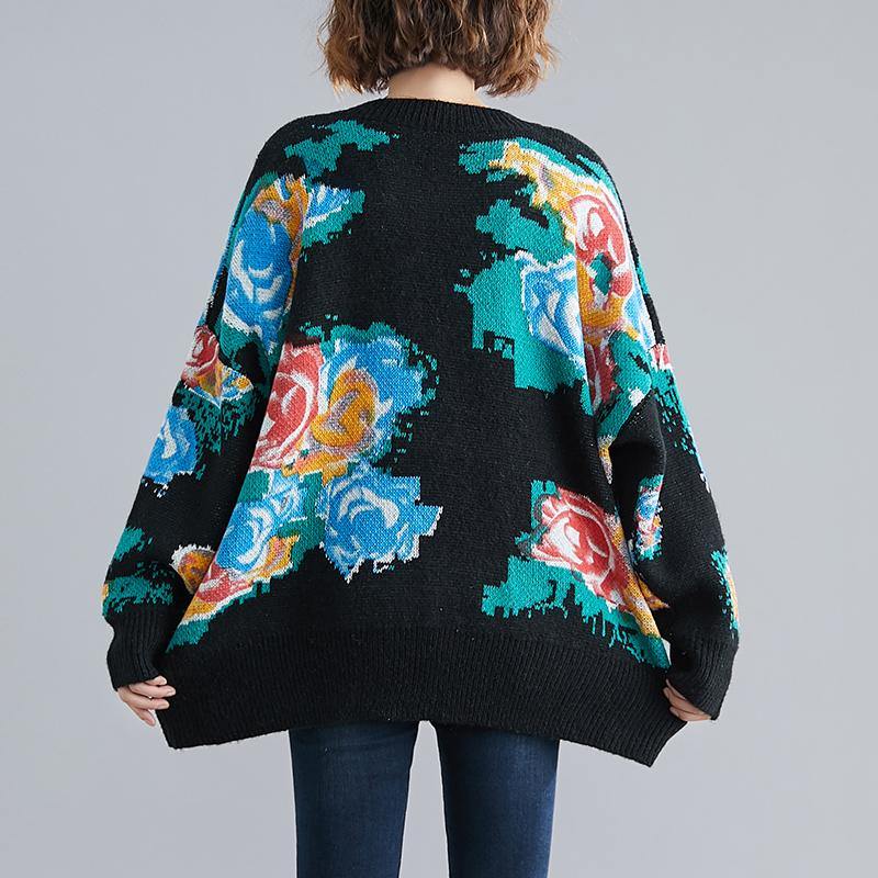 Winter black print knitted t shirt o neck plus size knit sweat tops - SooLinen