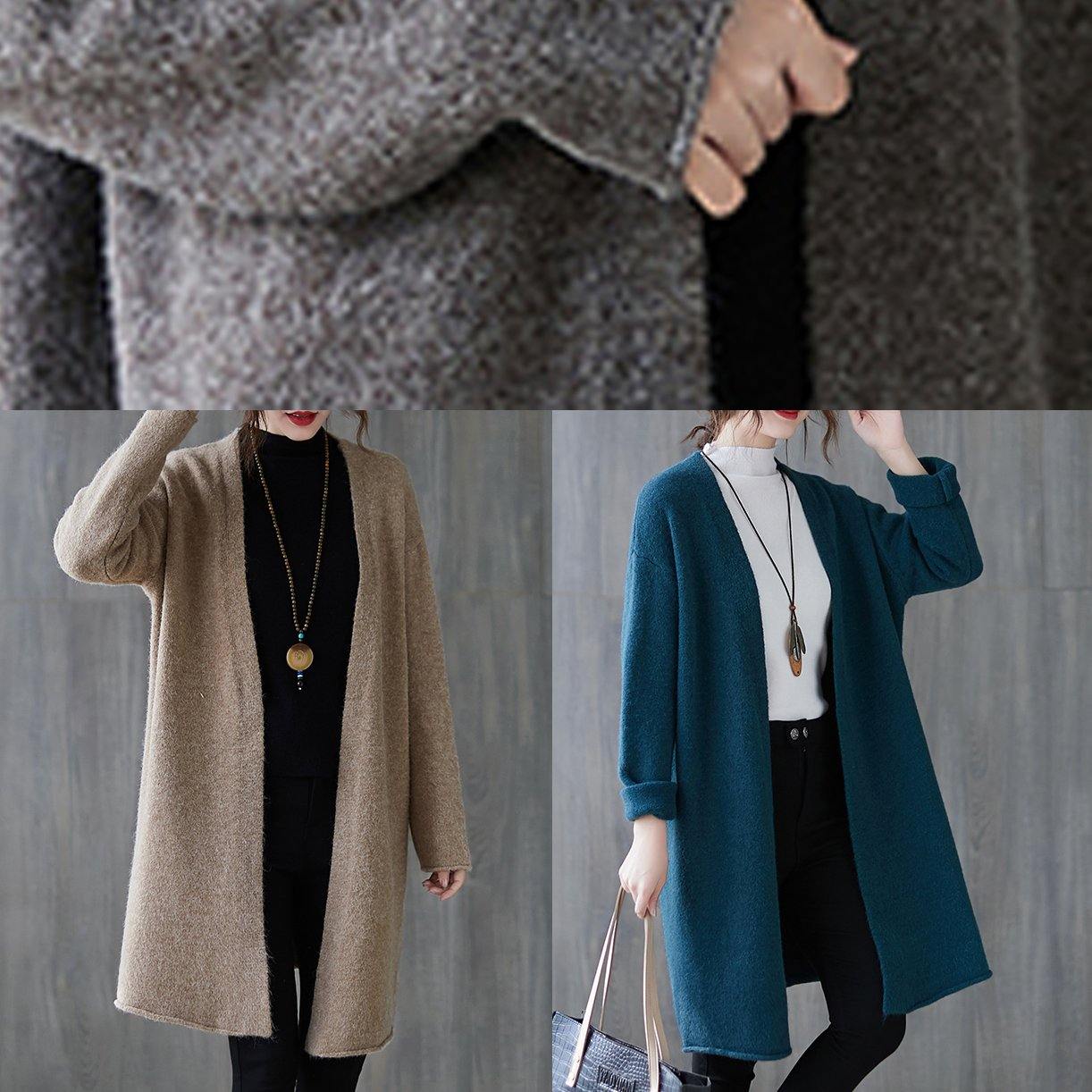 Winter blue knitted outwear plus size clothing fall v neck knitted coat - SooLinen