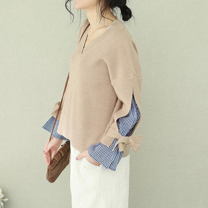 Winter braune Strickoberteile in Übergröße mit V-Ausschnitt, Strick-Sweatshirts, falsche Zweiteiler