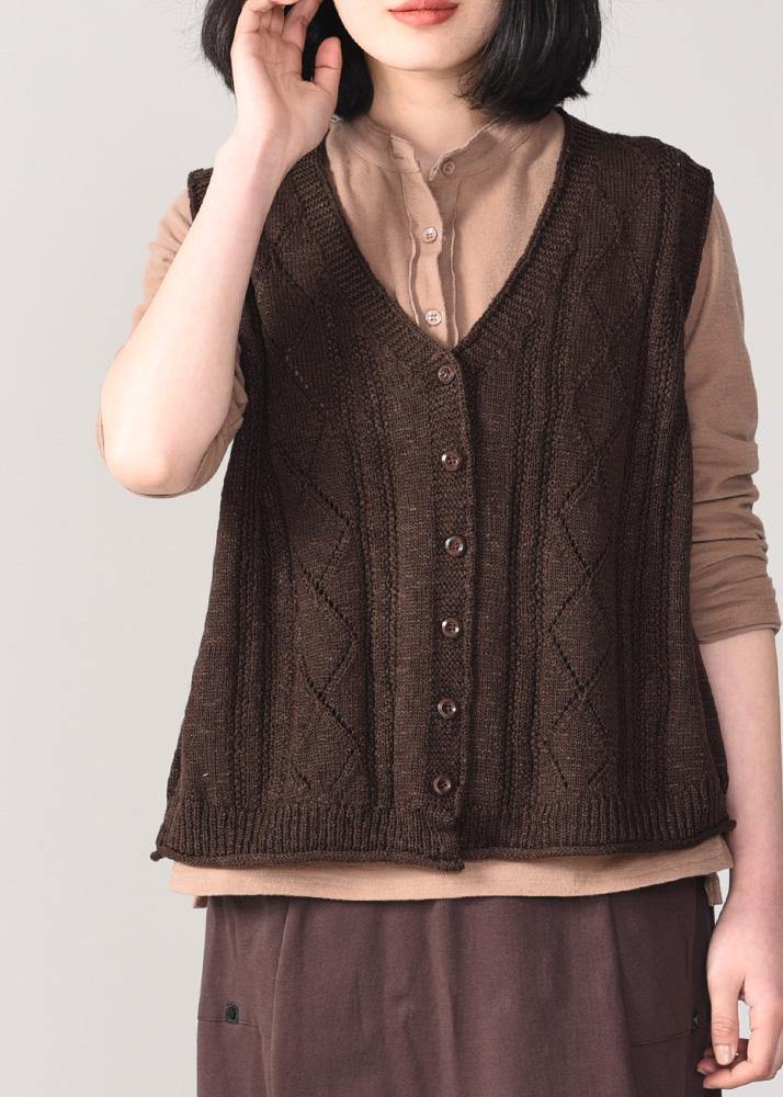 Winter chocolate knit coats trendy plus size sleeveless knitted coat back open - SooLinen