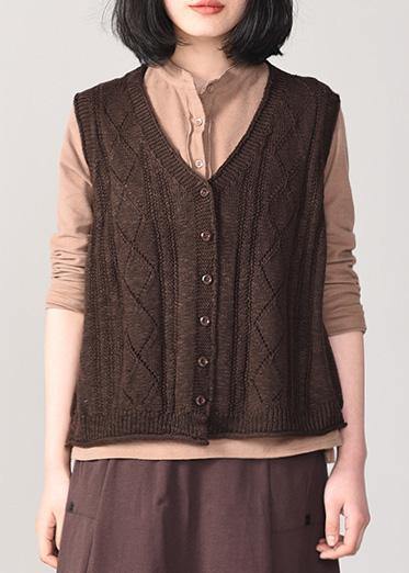 Winter chocolate knit coats trendy plus size sleeveless knitted coat back open - SooLinen