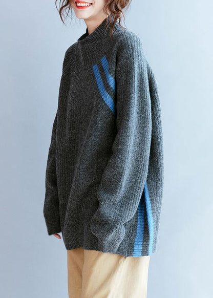 Winter gray striped knit blouse high neck Loose fitting fall knitwear - SooLinen