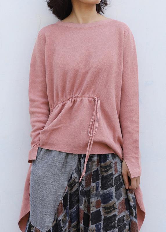 Winter o neck pink knitted blouse plus size clothing drawstring asymmetric top - SooLinen