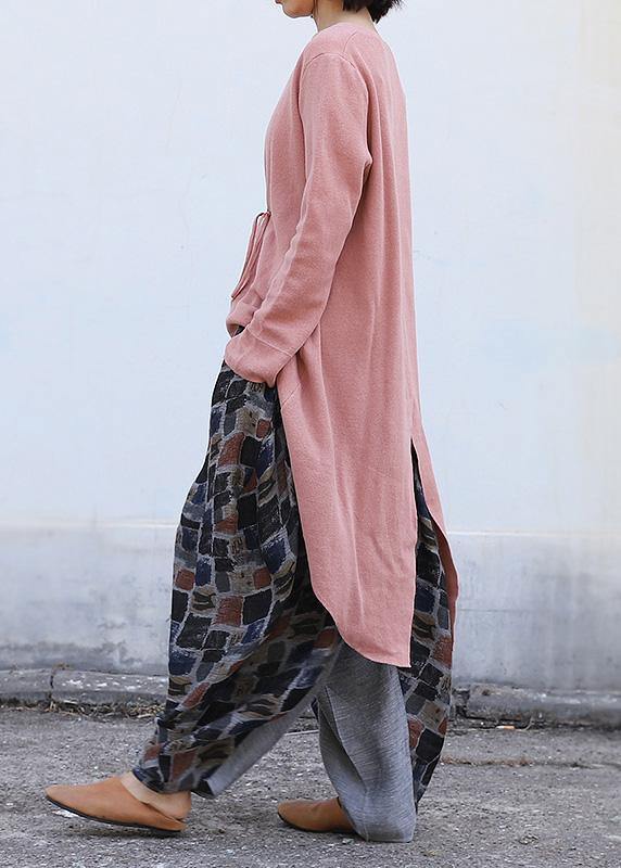 Winter o neck pink knitted blouse plus size clothing drawstring asymmetric top - SooLinen