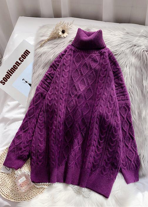 Winter rose knit tops casual high neck thick knit blouse - SooLinen