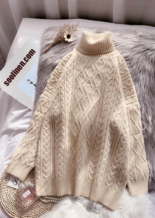 Winter rose knit tops casual high neck thick knit blouse - SooLinen