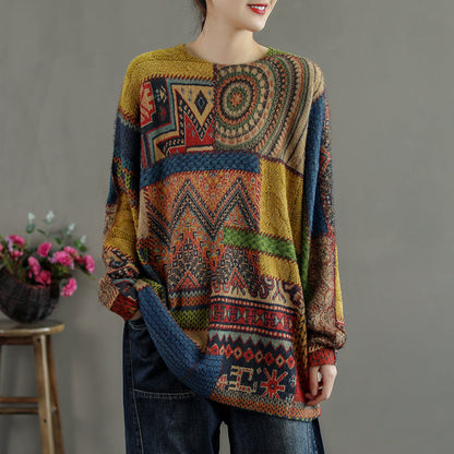 Winter-Strickbluse mit abstraktem Muster, lässiges Strick-T-Shirt mit Rundhalsausschnitt
