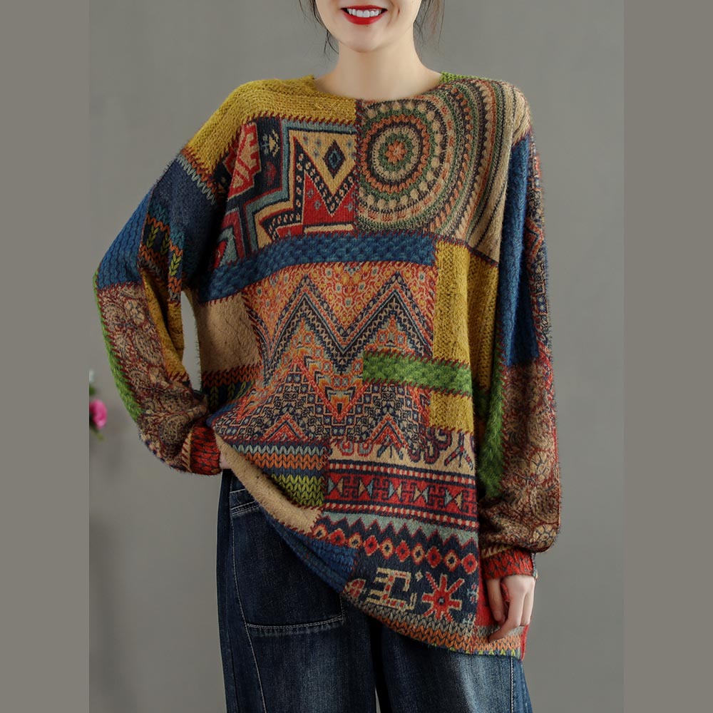 Winter-Strickbluse mit abstraktem Muster, lässiges Strick-T-Shirt mit Rundhalsausschnitt