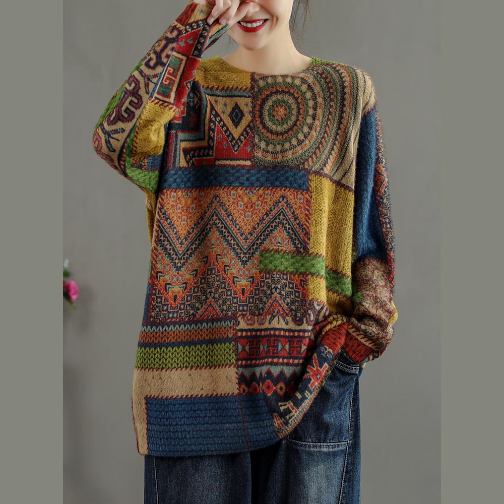 Winter-Strickbluse mit abstraktem Muster, lässiges Strick-T-Shirt mit Rundhalsausschnitt