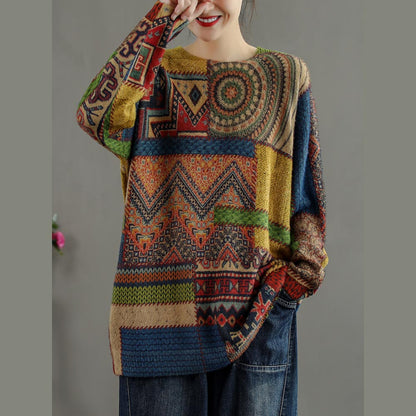 Winter-Strickbluse mit abstraktem Muster, lässiges Strick-T-Shirt mit Rundhalsausschnitt