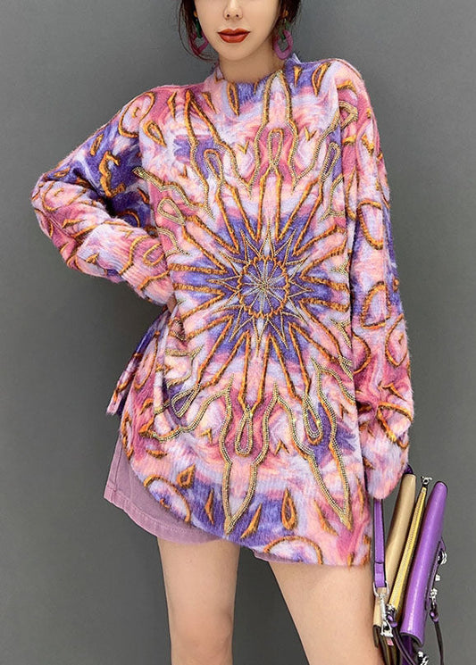 Wom Rosa O-Ausschnitt Print Stricken Lose Pullover Tops Winter