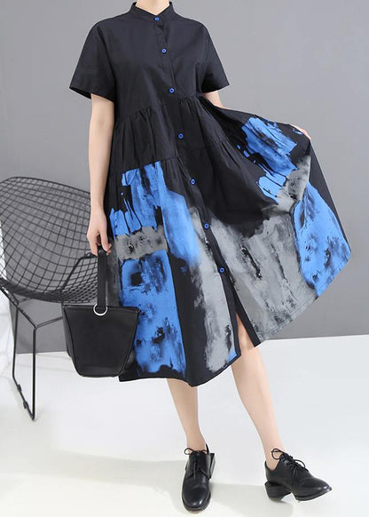 Woman Summer Black Vintage Shirt Lady Casual Midi Dress - SooLinen