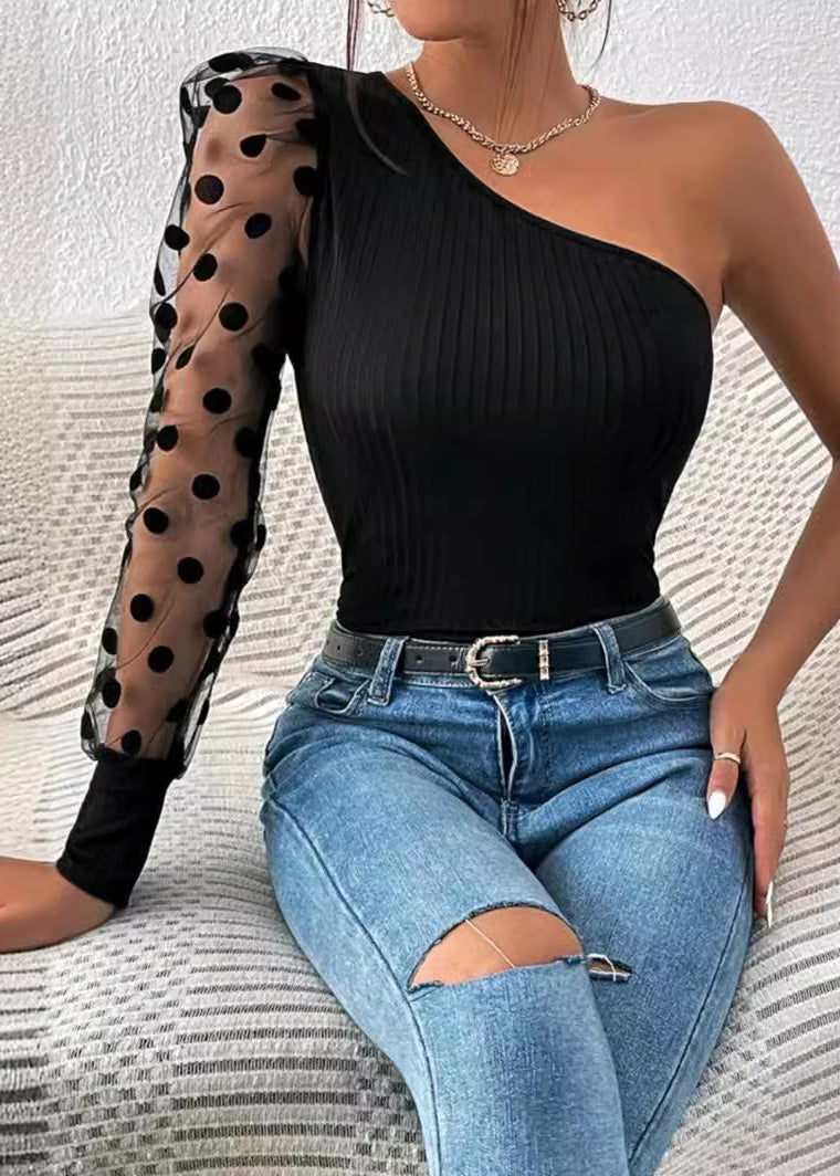 Women 2025 Black Shoulder Single Sleeved Patchwork Top