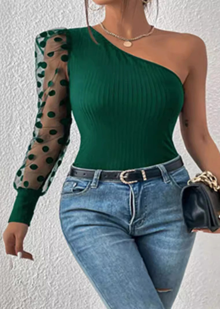 Women 2025 Black Shoulder Single Sleeved Patchwork Top