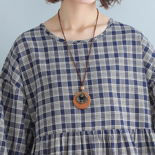 Damenbekleidung Lässiges lockeres kariertes Kleid Mode Baumwollleinenkleider