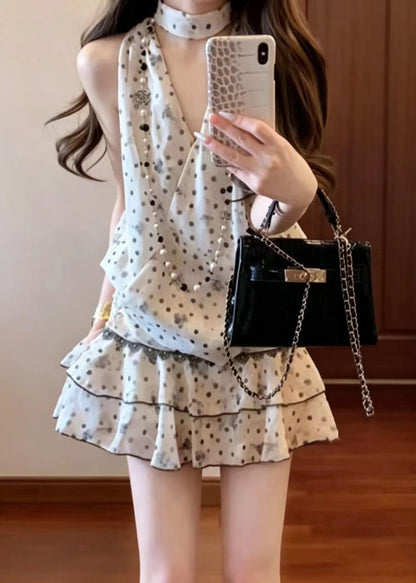 Women Apricot Dot V Neck Print Chiffon Two Piece Set Summer