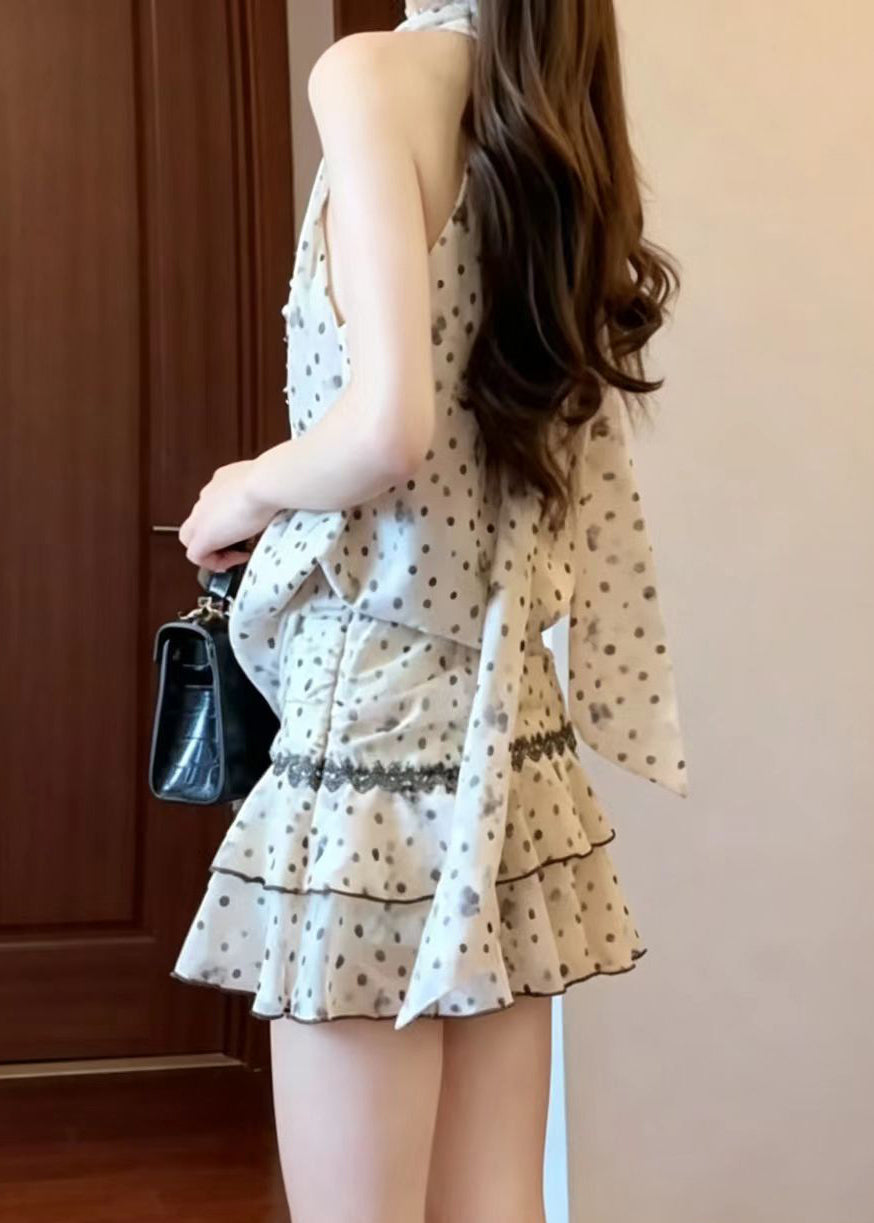 Women Apricot Dot V Neck Print Chiffon Two Piece Set Summer