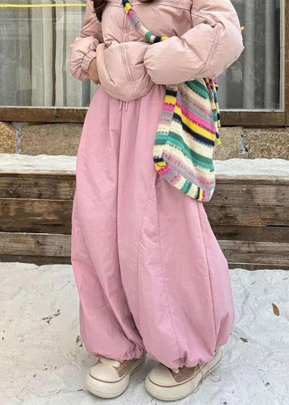 Pantalones anchos de algodón con cintura elástica y cordón ajustable para mujer, color albaricoque, para invierno