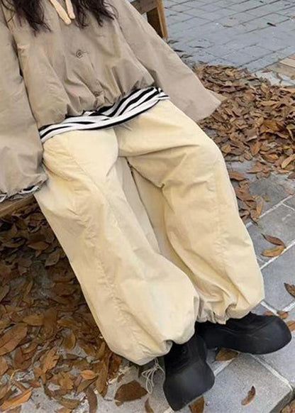 Pantalones anchos de algodón con cintura elástica y cordón ajustable para mujer, color albaricoque, para invierno