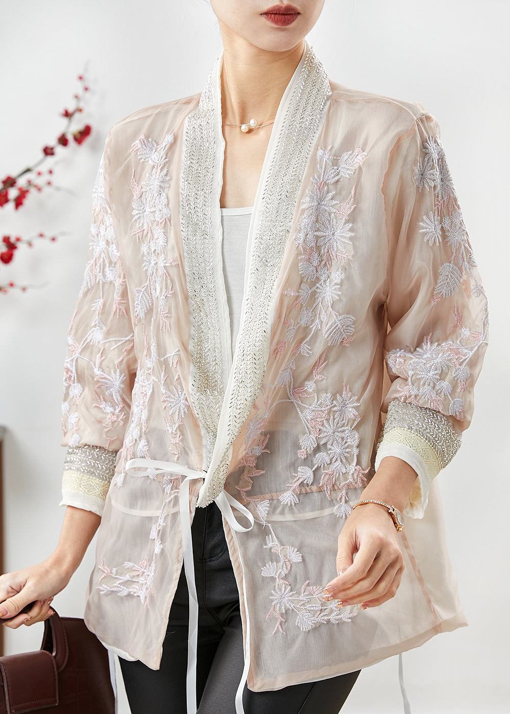 Damen Apricot Bestickte Seiden-Baumwoll-Strickjacke Sommer