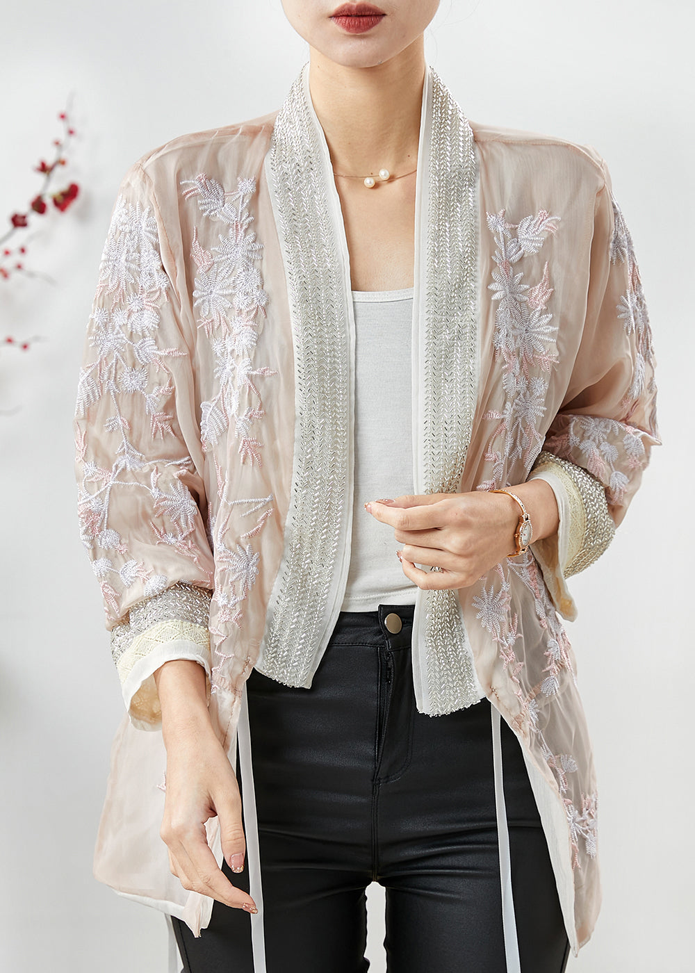 Damen Apricot Bestickte Seiden-Baumwoll-Strickjacke Sommer