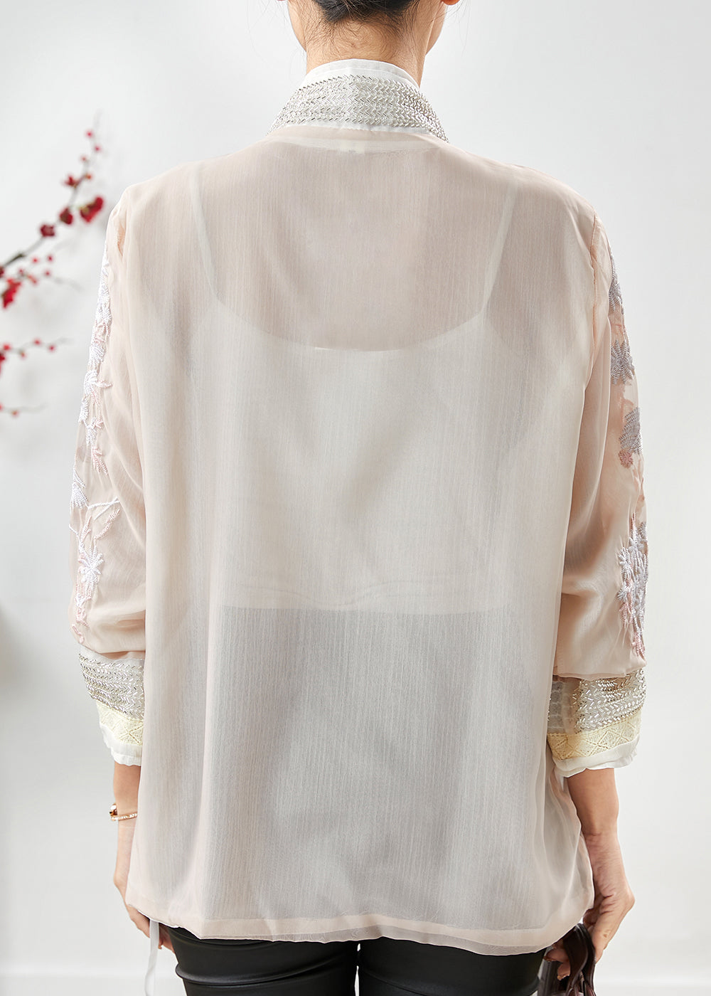Damen Apricot Bestickte Seiden-Baumwoll-Strickjacke Sommer