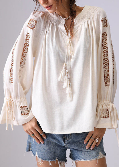 Women Apricot Hollow Out Lace Up Shirt Flare Sleeve