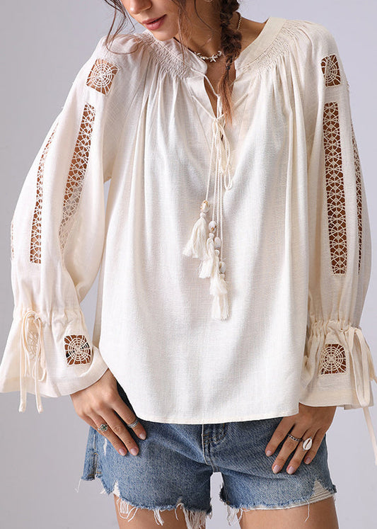 Women Apricot Hollow Out Lace Up Shirt Flare Sleeve