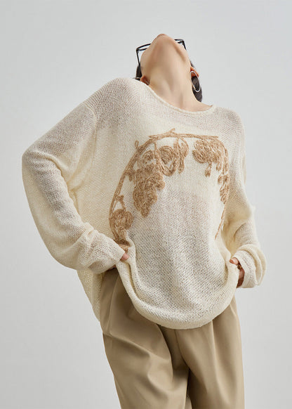 Women Apricot O Neck Embroidered Knit Top Fall