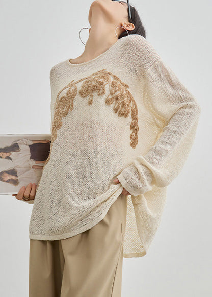 Women Apricot O Neck Embroidered Knit Top Fall