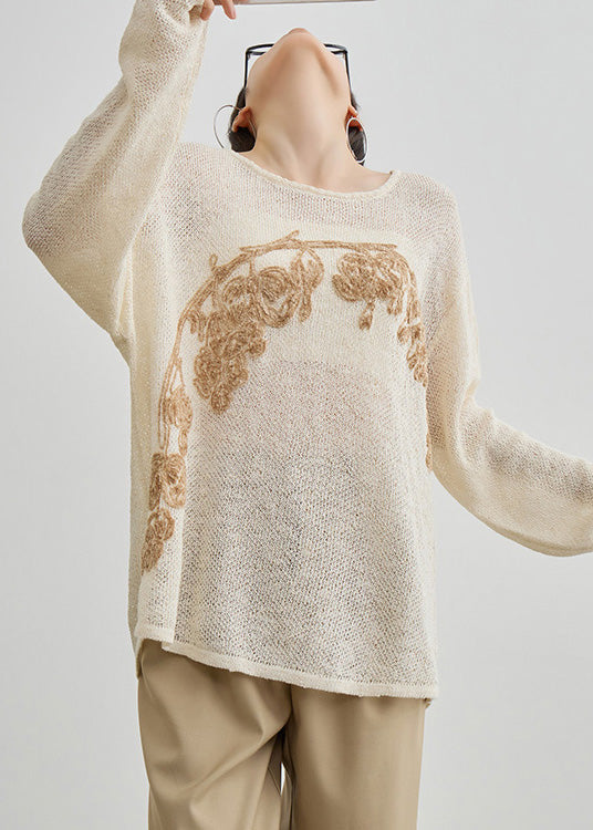 Women Apricot O Neck Embroidered Knit Top Fall
