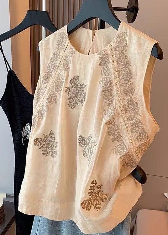 Women Apricot O Neck Print Cotton Tank Top Sleeveless
