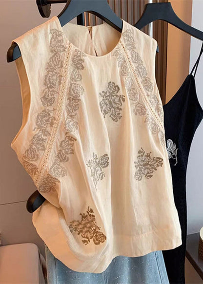 Women Apricot O Neck Print Cotton Tank Top Sleeveless