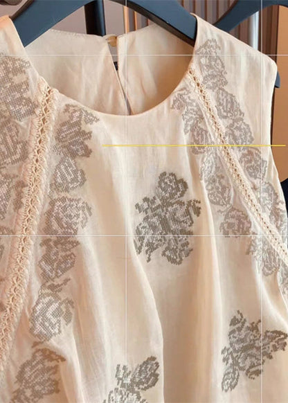 Women Apricot O Neck Print Cotton Tank Top Sleeveless