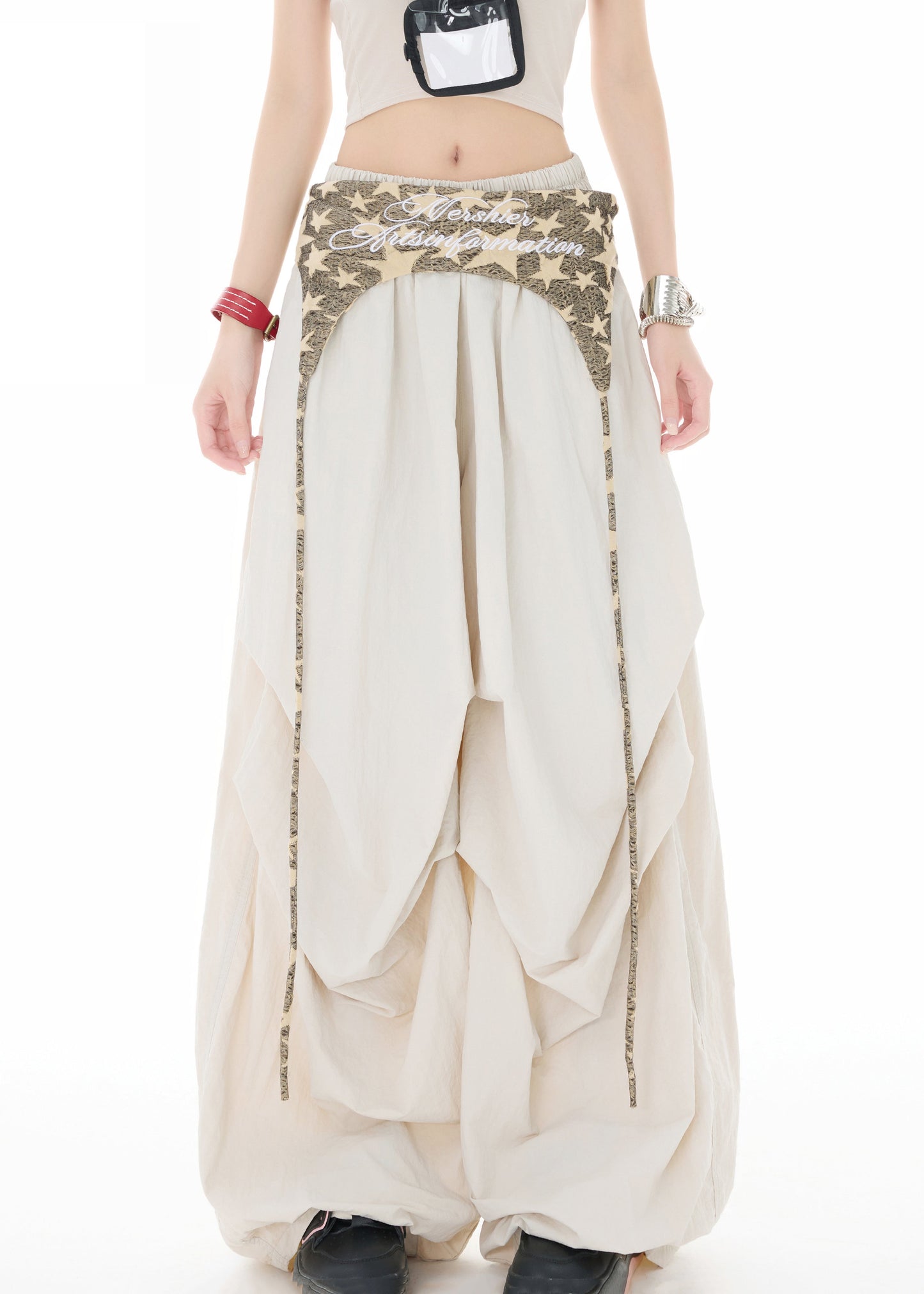 Women Apricot Oversized Wrinkled Spandex Wide leg Pants Spring