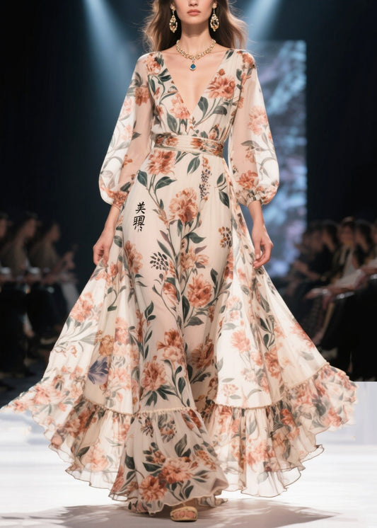 Women Apricot Print Chiffon Long Dress Exra Large Hem Summer