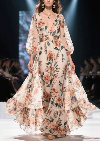 Women Apricot Print Chiffon Long Dress Exra Large Hem Summer