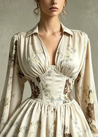 Women Apricot Print Chiffon Work Dress Summer