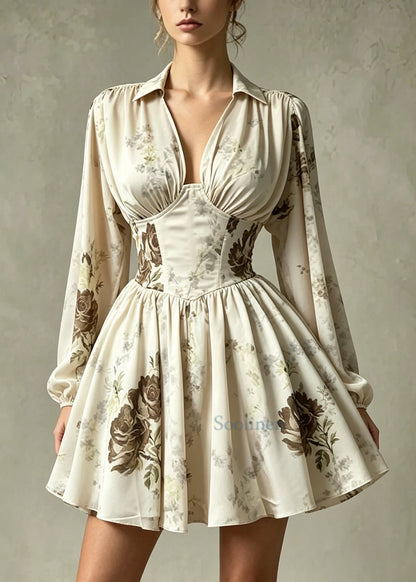 Women Apricot Print Chiffon Work Dress Summer