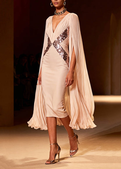 Women Apricot Sequins Patchwork Chiffon Wraped Dress Cloak Sleeves