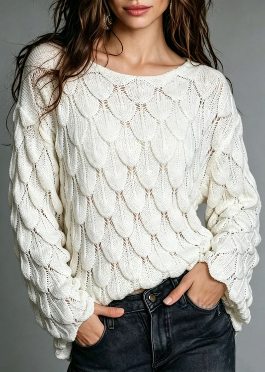 Women Apricot Slash Neck Hollow Out Knit Sweater Top Fall