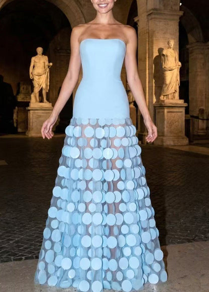 Women Apricot Strapless Patchwork Floral Tulle Party Dress